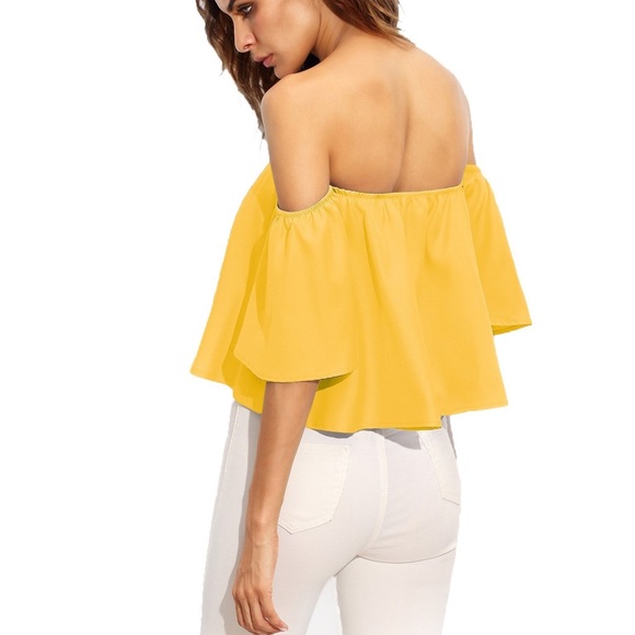 Ruffle Off Shoulder Bell Sleeve Crop Top Blouse - Picture 3 of 5